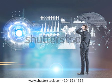 Rear view of a confused businessman scratching his head and thinking. An isolated portrait. HUD and infographics interface. Toned image double exposure. Elements of this image furnished by NASA