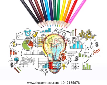 Colorful light bulb sketch and business infographics and icons around it. Different colored pencils lying above. Creativity and business success concept