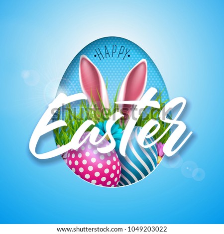 Vector Illustration of Happy Easter Holiday with Painted Egg, Rabbit Ears and Flower on Shiny Blue Background. International Spring Celebration Design with Typography for Greeting Card, Party