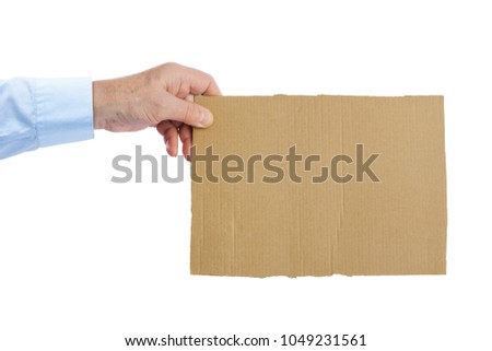 Hand with cardboard isolated on white background