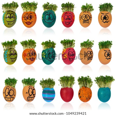 Easter egg painted in a funny smiley girl face and colorful patterns with cress like hair. The watercress stylized for the hairstyle of the character. Egg in red and orange colors on a white backgroun