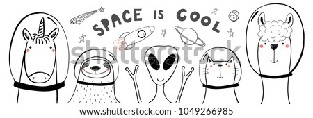 Hand drawn portrait of a cute funny animals in space, with typography. Isolated objects on white background. Line drawing. Vector illustration. Design concept for children print.