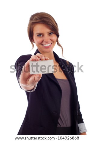 Happy young business woman holding a blank  business card at arm's length isolated over white background