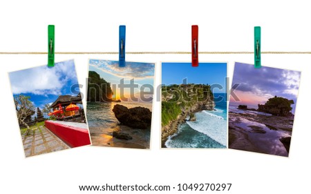 Bali Indonesia travel images (my photos) on clothespins isolated on white background