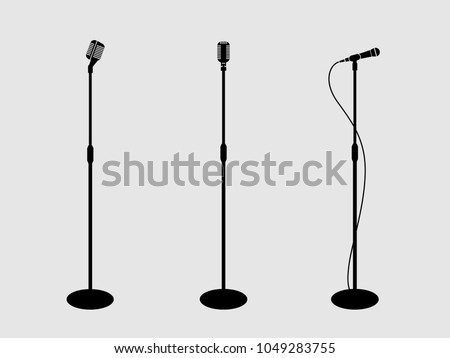 Three microphones on counter. light background. silhouette microphone. Music icon, mic. Flat design, vector.