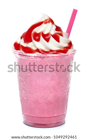 Whip strawberry frappuccino latte milkshake with cream, sorbet, syrup, sherbet isolated on white background Royalty-Free Stock Photo #1049292461