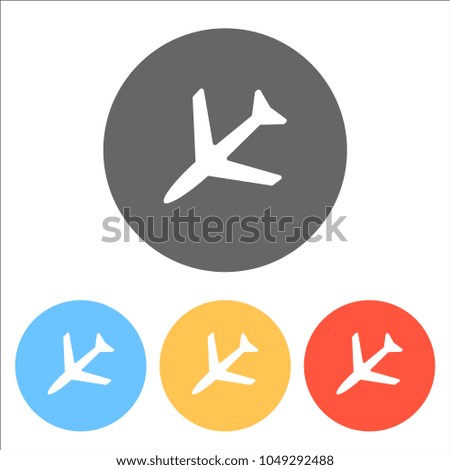 Plane icon. Set of white icons on colored circles