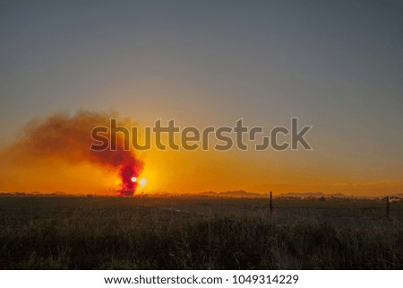 Red sunset on a field with smoke.