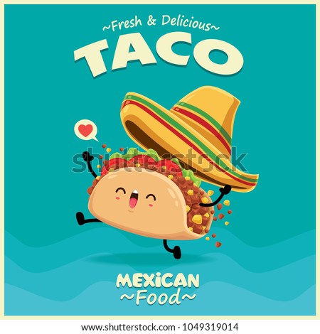 Vintage Mexican food poster design with vector taco character. Royalty-Free Stock Photo #1049319014