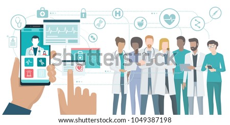 User video calling a doctor using and healthcare app on his smartphone and professional medical team connected: online medical consultation concept