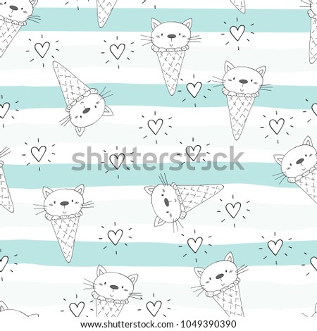 Hand drawn seamless pattern with cute cat, doodle illustration for kids vector print