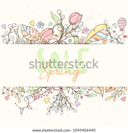 Spring sale card can be used for holiday cards, invitation, postcard, banner or website. Hand drawn illustration of flowers, leaves, feathers, balloon etc.