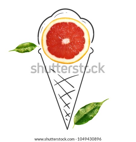 Fruit composition with fresh grapefruit and cartoon cute doodle drawing ice cream on white background. Creative minimalistic food concept.
