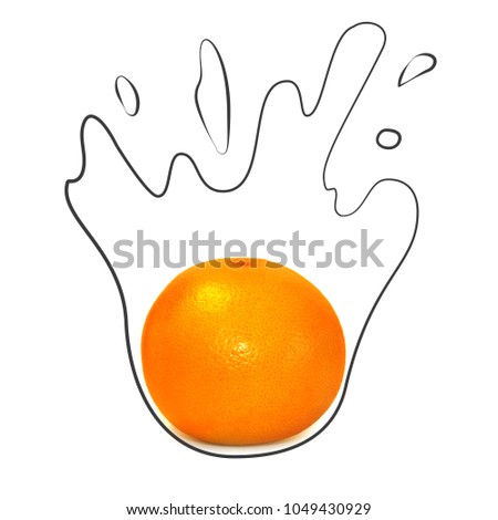 Fruit composition with fresh grapefruit and cartoon cute doodle drawing juice or liquid splash on white background. Creative minimalistic food concept.