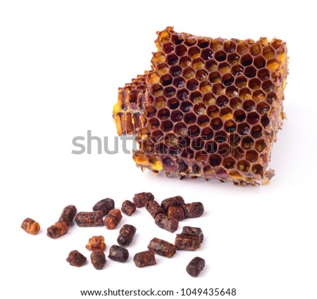 Bee granules and a piece of honey cells are isolated on a white background. Natural remedy for immunity enhancement. Beekeeping products. Apitherapy.