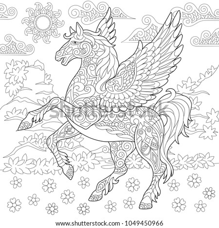 Pegasus Coloring Page. Greek mythological winged horse flying. Adult Coloring Book idea. Antistress freehand sketch drawing with doodle and zentangle elements.