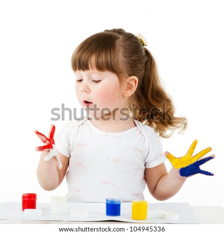 Portrait of a cute cheerful girl with painted hands, isolated over white. euro 2012