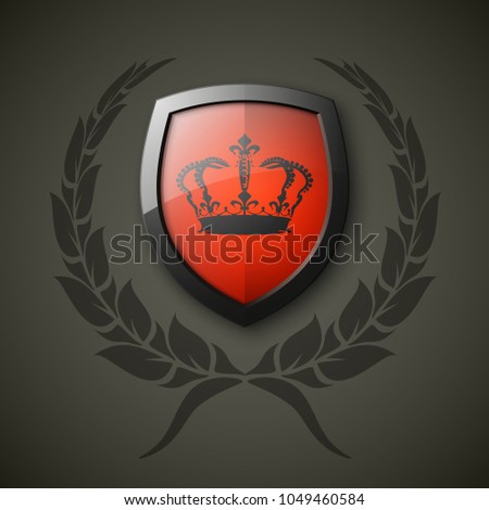 Protected wreath crown shield concept. Safety badge protection garland icon. Privacy corona banner shield. Security label Defense tag. Crown sticker shield. Defense safeguard sign. Vector wreath badge