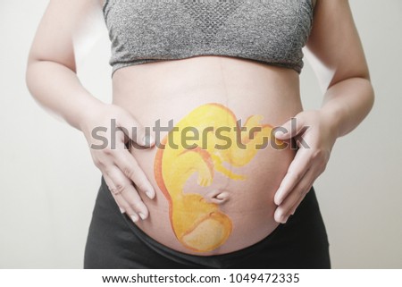 Pregnant woman with painted Cartoon embryonic unborn child on her stomach,Use computer graphics techniques, like coloring posters. Concept of Health Care the brain During Pregnancy.