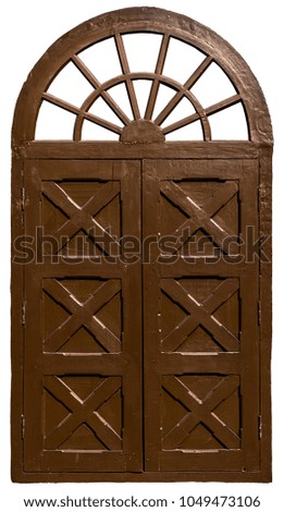 old wooden closed window frame brown color isolated on white background with clipping path