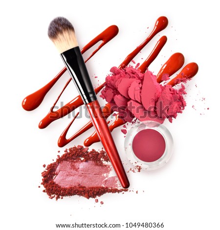 Collection of various make up artist shade trendy cosmetic with powder lip eyeshadow and blush on white background