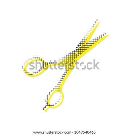 Hair cutting scissors sign. Vector. Yellow icon with square pattern duplicate at white background. Isolated.