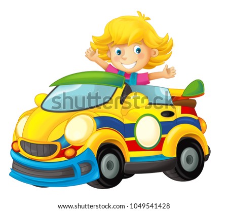 Cartoon scene with girl in sports car smiling and looking - illustration for children
