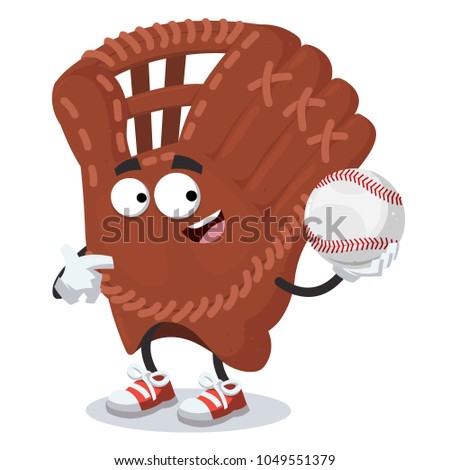 cartoon mascot baseball glove is holding a baseball ball on a white background
