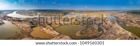 Panorama Top view Aerial photo from flying drone over  Grand canyon of Thailand / stone mountain at Sam Phan Bok,Ubonratchathani province,Thailand.