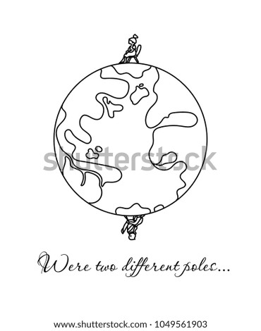Postcard for a couple of people. We are with you on different poles. Inscription for reflection. Black and white illustration.