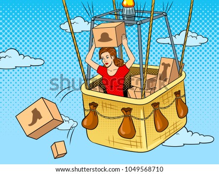 Girl throws out boxes with clothes and shoes from air balloon basket pop art retro raster illustration. Color background. Comic book style imitation.