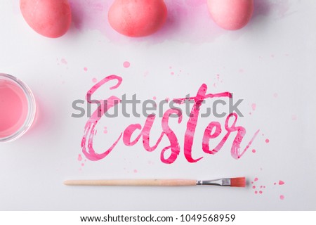 Easter flat lay on a white background.
