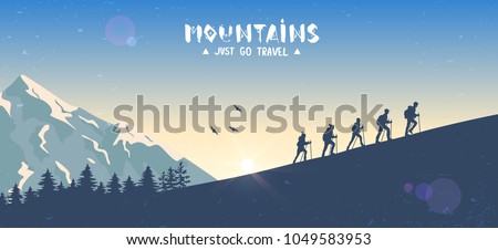 Silhouette traveling people. Climbing on mountain. Vector illustration hiking and climbing team Royalty-Free Stock Photo #1049583953