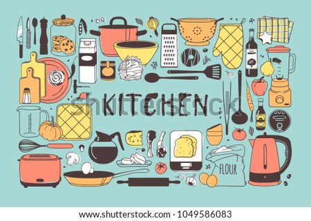 Hand drawn illustration cooking tools and dishes. Creative ink art work. Actual vector drawing. Kitchen set