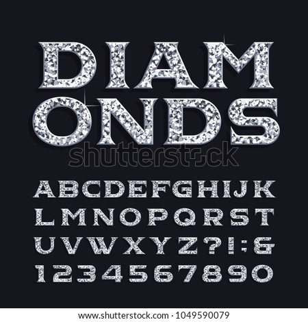 Diamond alphabet font. Luxury beveled serif letters and numbers. Stock vector typeface for any typography design.