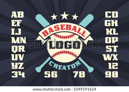 Baseball vintage logo creator with stars, crossed bats and ball. Alphabet letters. Retro vector illustration