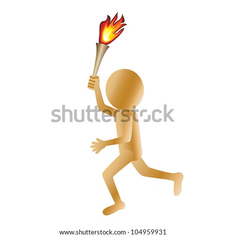 illustration of a running golden 3d man carrying a torch isolated in white background.