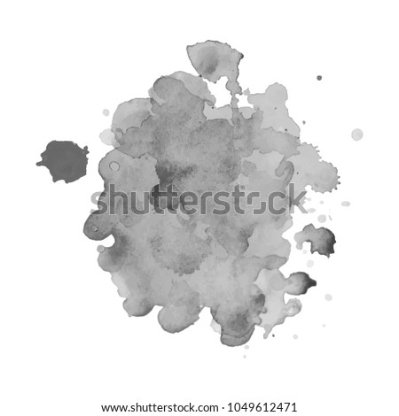 Gray watercolor spot with droplets, smudges, stains, splashes. Grayscale blot in grunge style.