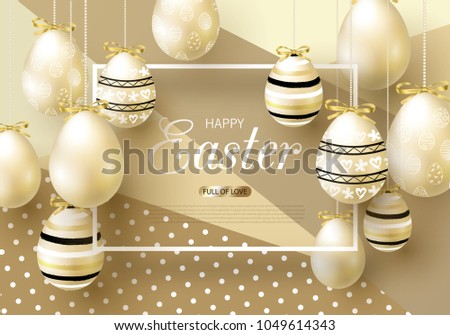 Happy Easter background with realistic golden eggs. Design layout for invitation, greeting card, ad, promotion, banner, poster, voucher. Vector illustration.