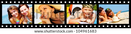 filmstrip with pictures of smiling holiday people having vacation