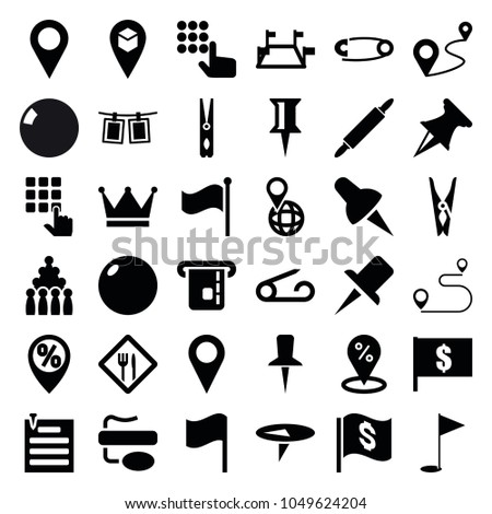 Pin icons. set of 36 editable filled pin icons such as flag with dollar, sale location, bowling, hand on atm, bowling ball, distance, locations, flag, location, photos on rope