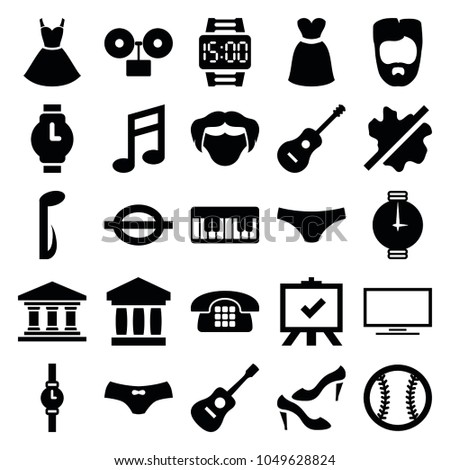 Classic icons. set of 25 editable filled classic icons such as man hairstyle, no wash, shoe, female underwear, board, bank, music note, guitar, baseball, wrist watch