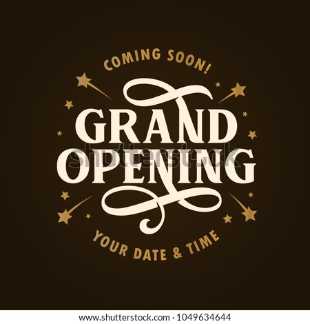 Grand opening template, banner, poster. Lettering design element for opening ceremony. Retro style typography. Vector vintage illustration. Royalty-Free Stock Photo #1049634644