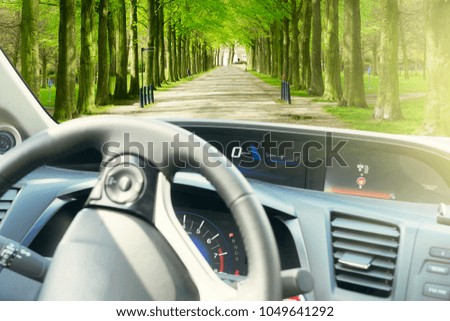 car driving wheel with dashboard with inside out view on spring road with tree