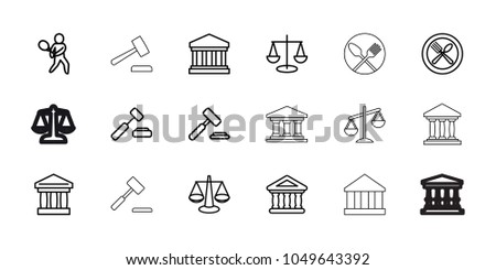 Court icons. set of 18 editable outline court icons: auction hummer, scales, bank, spoon and fork