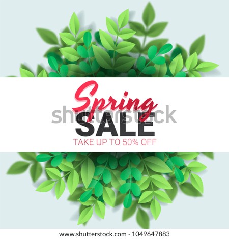 Spring sale floral advertizing poster, board. Banner with realistic flowers, leaf. Vector illustration
