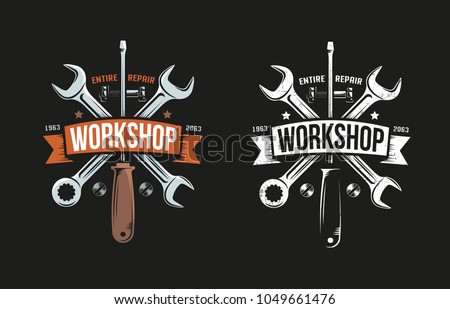 Workshop retro logo with wrench, screwdriver and heraldic ribbon. Black background. Color and monochrome versions. Grunge worn texture on separate layer and easily turn off. Royalty-Free Stock Photo #1049661476