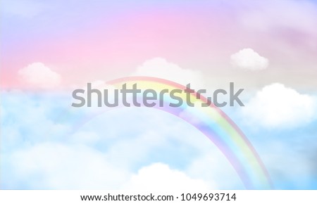 fantasy magical landscape rainbow on sky abstract big volume texture fluffy clouds shine close up view straight, cotton wool, pink purple pastel colors sun fabulous background Royalty-Free Stock Photo #1049693714