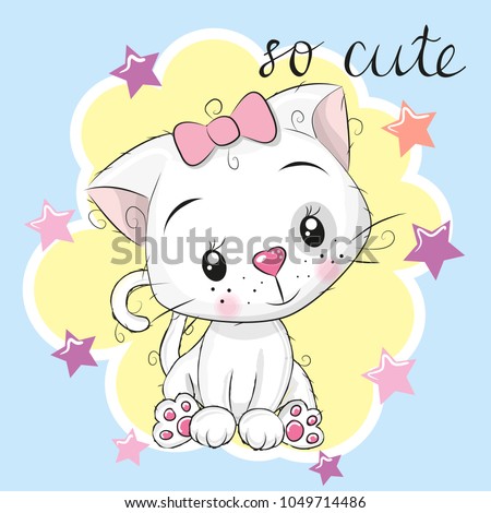 Cute Kitten girl and stars on a blue background