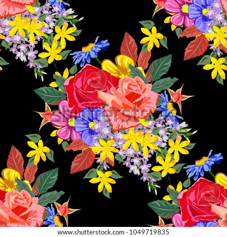 Seamless background with beautiful garden flowers. Design for cloth, wallpaper, gift wrapping. Print for silk, calico and home textiles.Vintage natural pattern